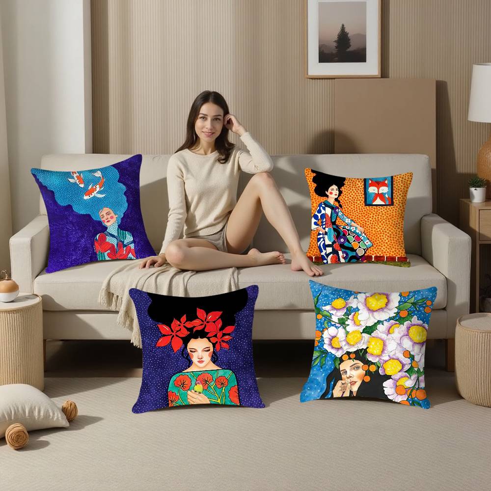 1Pc Vintage Abstract Girl Hair Flower Pillow Case Plush Fabric Soft Double Sided Print Sofa Cushion Cover Throw Pillow Covers