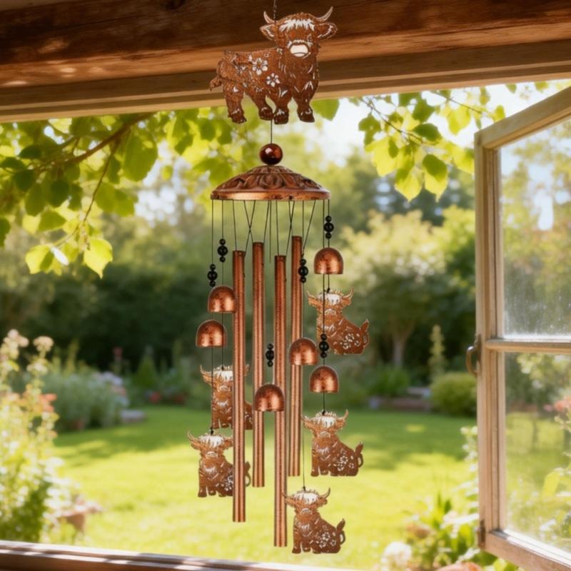 Highlands Cow Wind Chimes for Outside,Metal Windchime Outdoor Memorial/Birthday Gift Garden Decors for Outside,Lawn