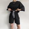 European and American New Casual Women's Suit Solid Color Half-sleeved Round Neck Loose Short-sleeved Tether Shorts Two-piece Set