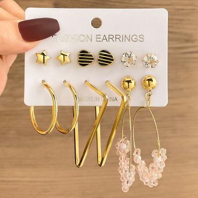 Stern Herz Schwarz Gold Elegante Ohrringe Dreieck Atmosphärische Ohrringe Diamant Rosa Blume Niedliche Ohrringe Runde Frauen Damen Gold Luxus Ohrring Set