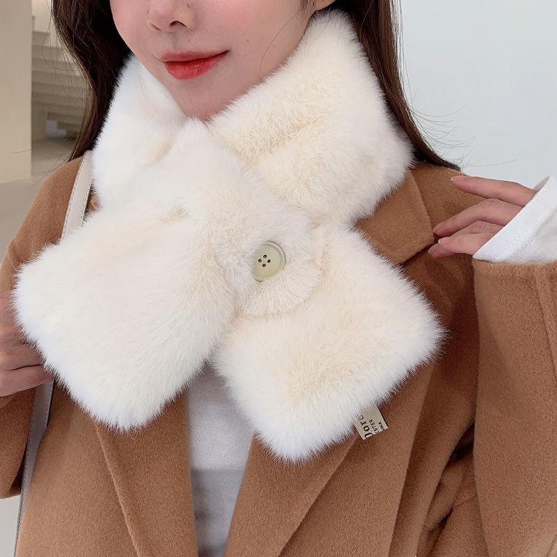 Furry Scarf Student Button Autumn and Winter Plush Girl Cross Warm Scarf Imitation Fur Rex Rabbit Fur Thickened Fur Collar