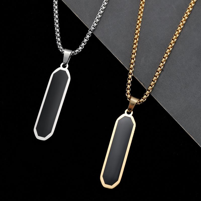 Minimalist Geometric Titanium Steel Necklace with Black Enamel Long Bar Pendant