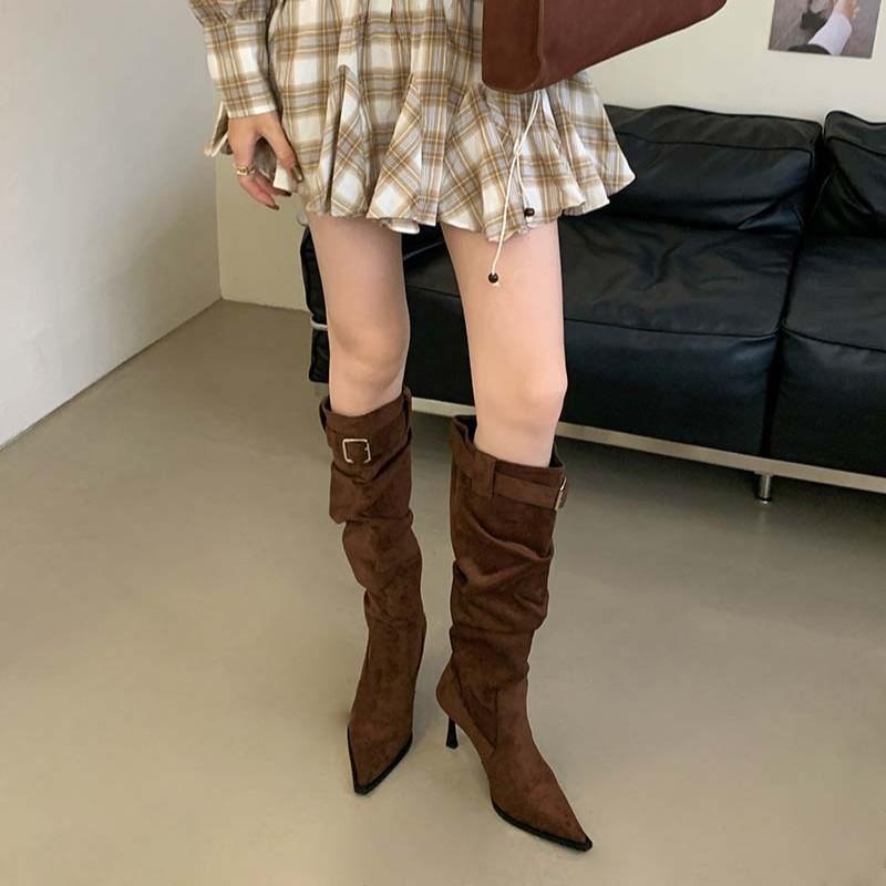 Sexy pointed suede pleated piled boots women's high heel fashion belt buckle tall thin boots thin heel European and American boots