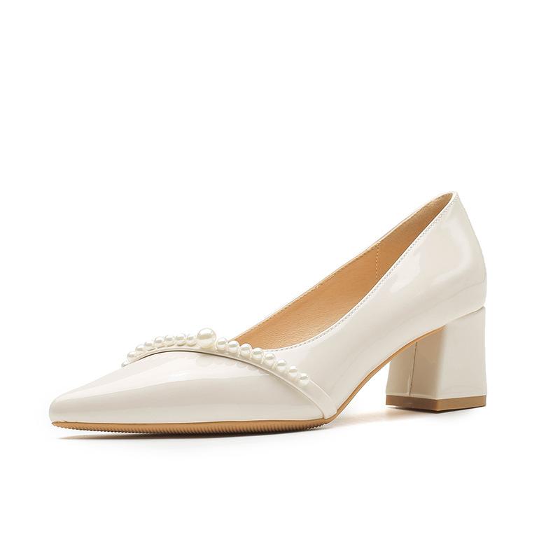 Wedding Shoes Bride Shoes New Temperament Pointed High Heels Women's Pearl Thick Heel Single Shoes Bridesmaid Shoes Women