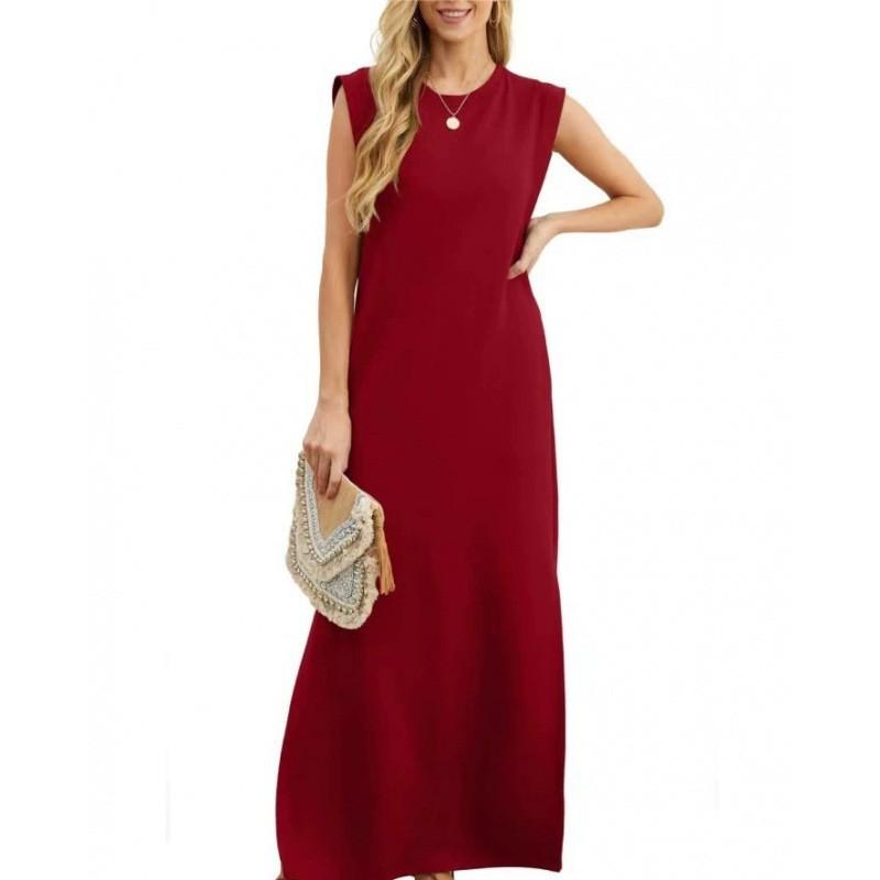 

Simple Solid Color Fashionable Long Dress Women European American Summer Side Split Sleeveless Casual M красный
