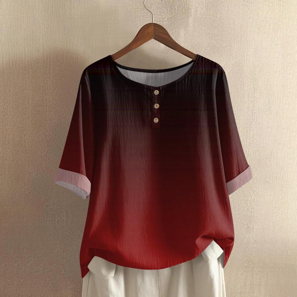 Women's Fashionable And Casual Shirt Half-sleeve Round Neck Print Cotton And Linen Blouse Top