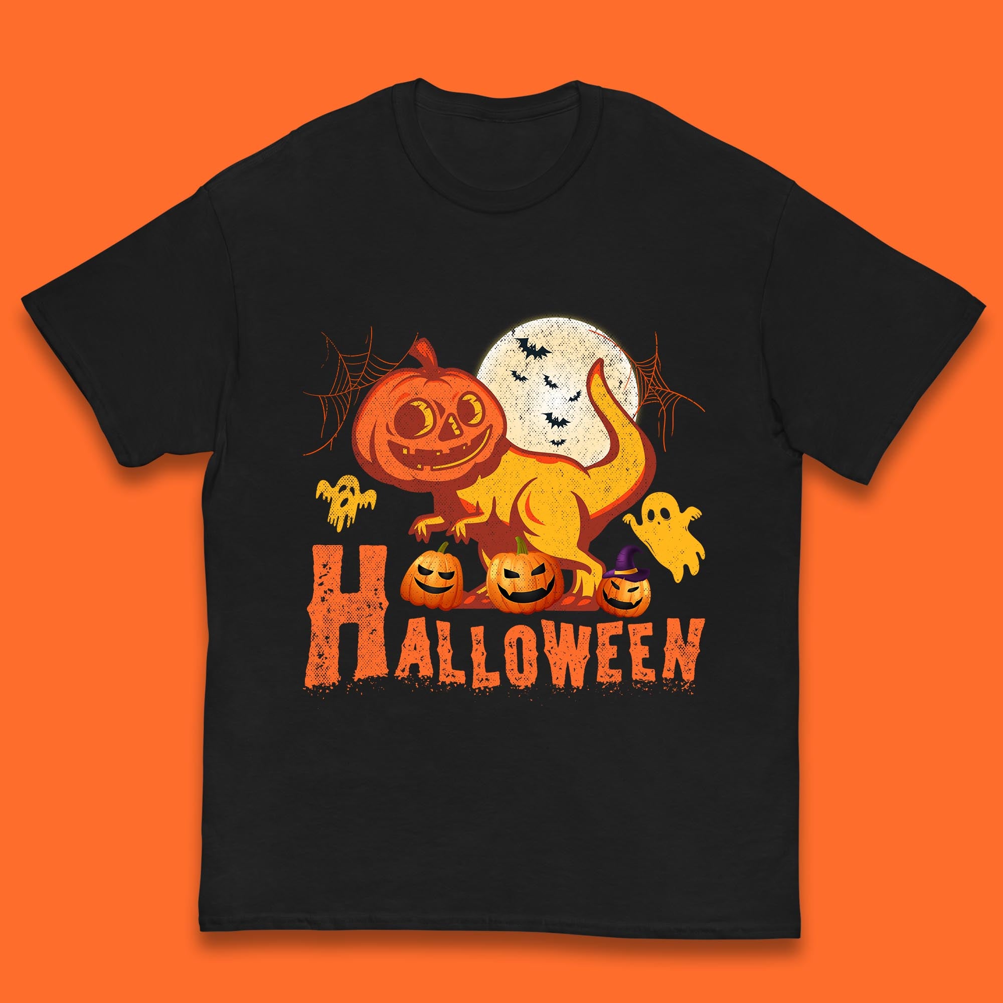 Halloween Dinosaur Jack O Lantern T-Rex Funny Dino Pumpkin Scary Boo and Bats Festive Costume Kids T Shirt 150