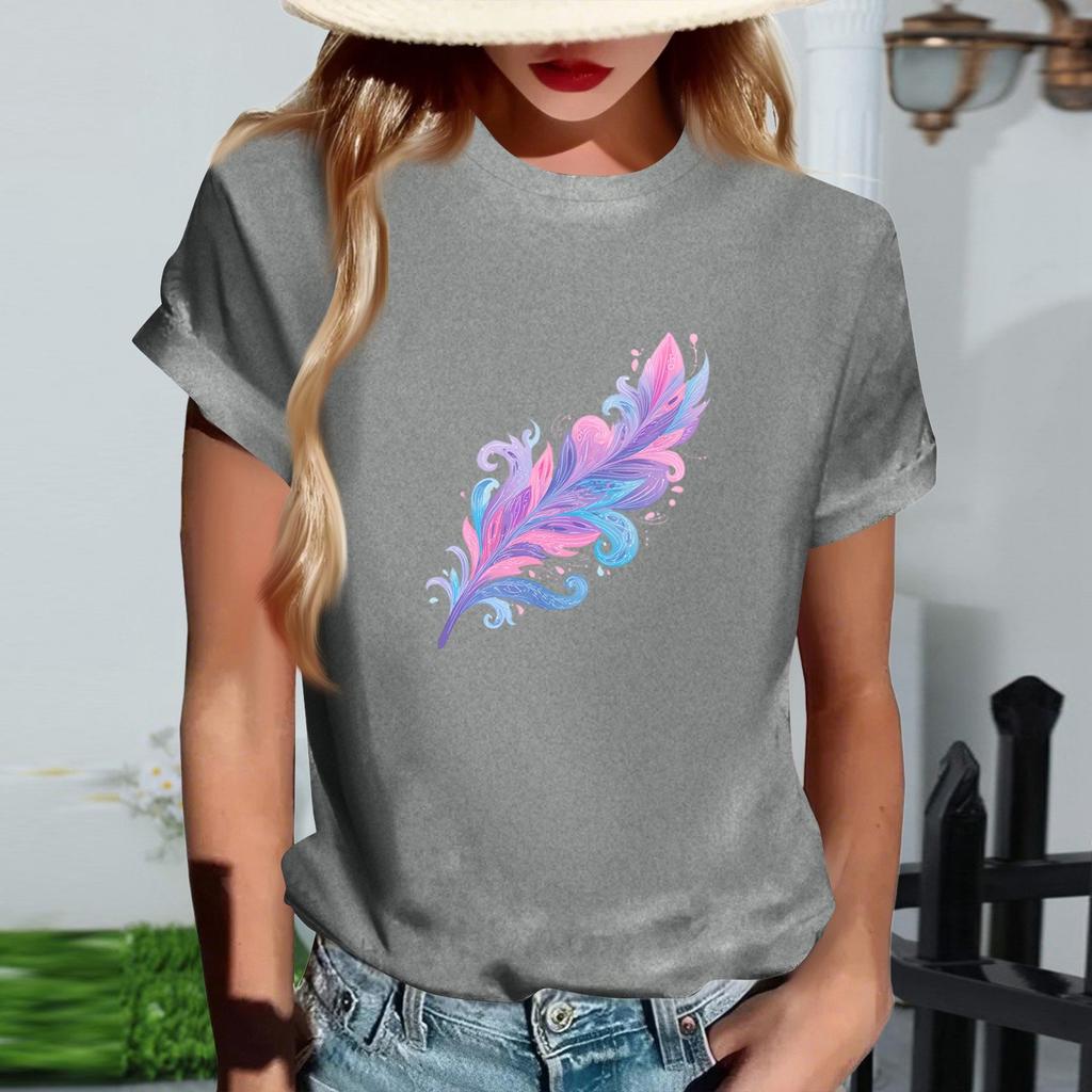 Women's Fashionable Round Neck Casual Retro Print Short Sleeved T-shirt Top