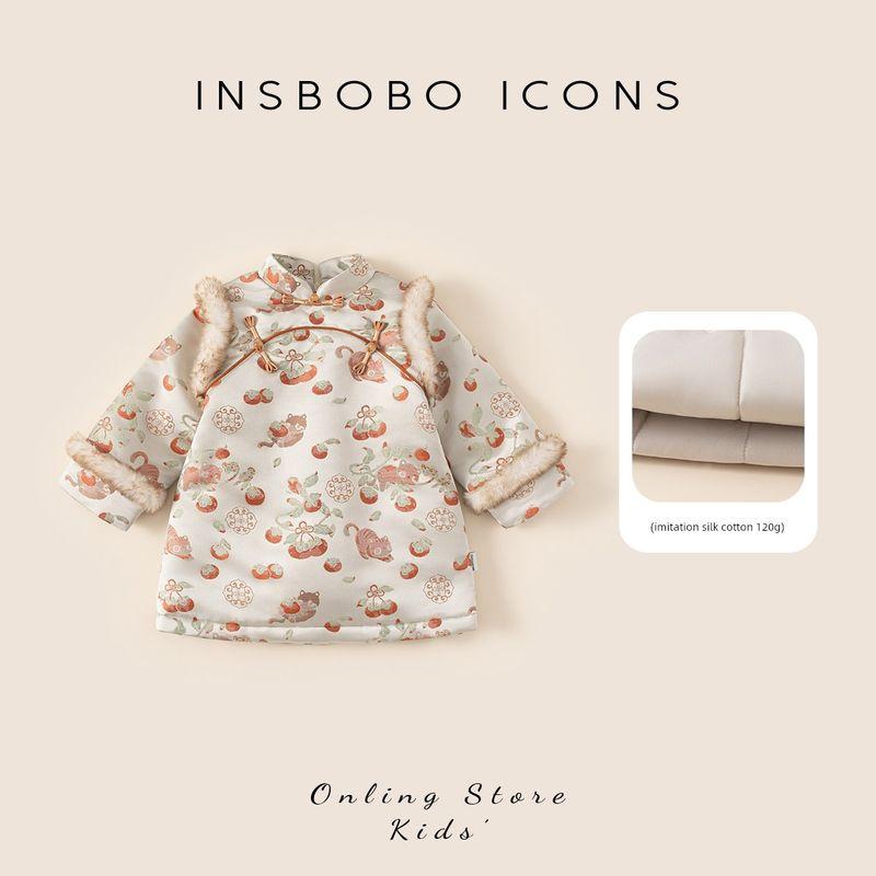 Insbobo Hanfu for Girls 2025 Winter Thickened Children s First Birthday Dress Cheongsam Stylish Baby Autumn and Winter Tang Suit Orange 100