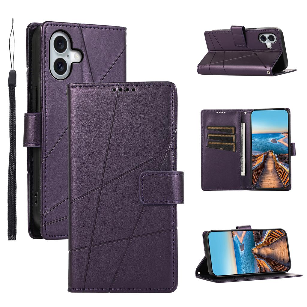 For iPhone 17 Phone Case Line Imprint Leather Wallet Cover with Wrist Strap