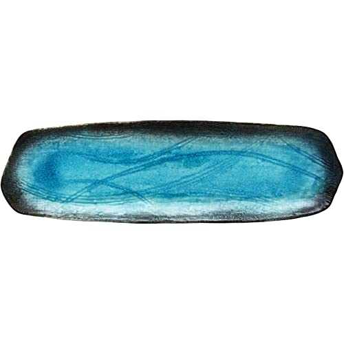 Mino ware "Yamasaku Kiln" turquoise blue plates, long rectangular plates, and sanma (saury) plates, approximately 34cm diameter x 10cm deep, set of 5,