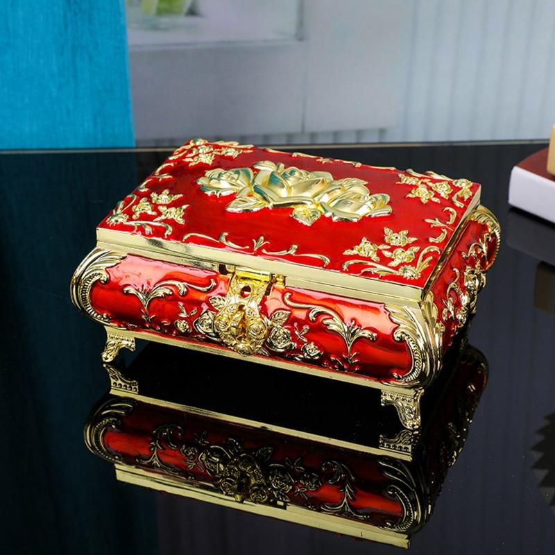 Vintage Metal Jewelry Box Trinket Storage Box for Rings Earrings Necklace Treasure Chest Organizer Antique Keepsake Gift