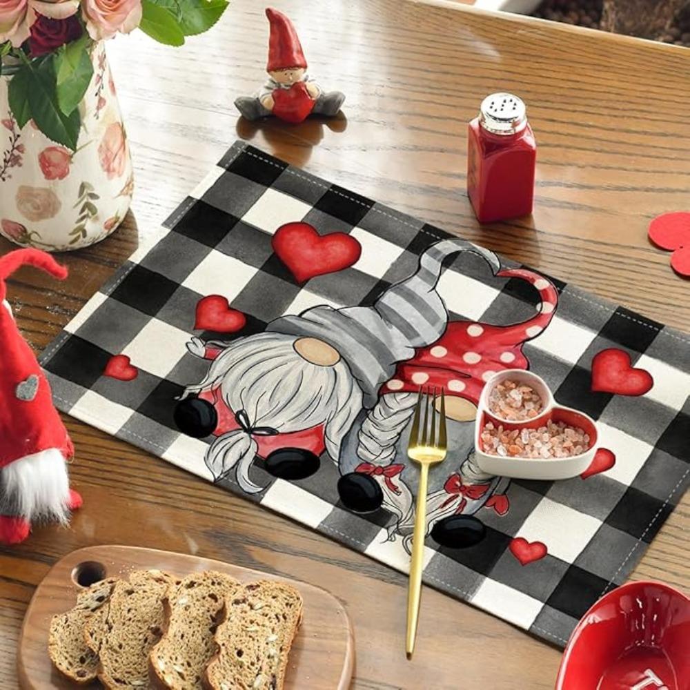 Buffalo Plaid Placemats Hearts Gnomes Love Valentine's Day Anniversary Wedding Holiday Table Mats for Party Kitchen Dining Decoration