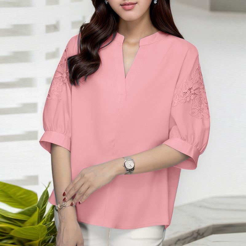 

ZANZEA Женская повседневная блузка с V-образным вырезом, вышивкой, пэчворком и рукавом до локтя 5XL розовый