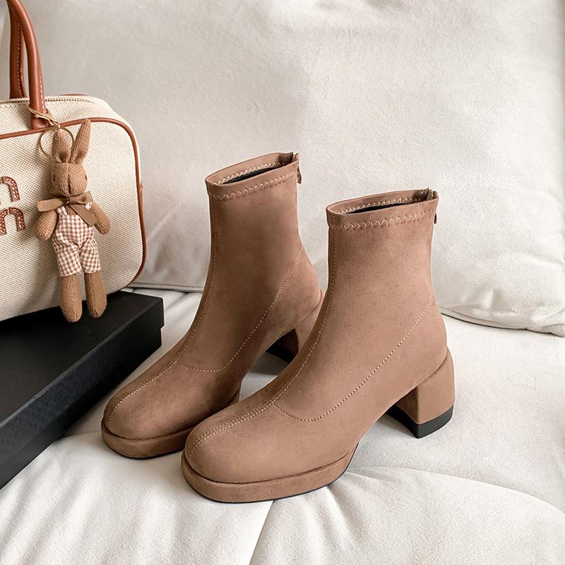 Spot second hair high-heeled short boots women's 2025 new spring and autumn elastic boots suede round head waterproof table thick heel thin boots