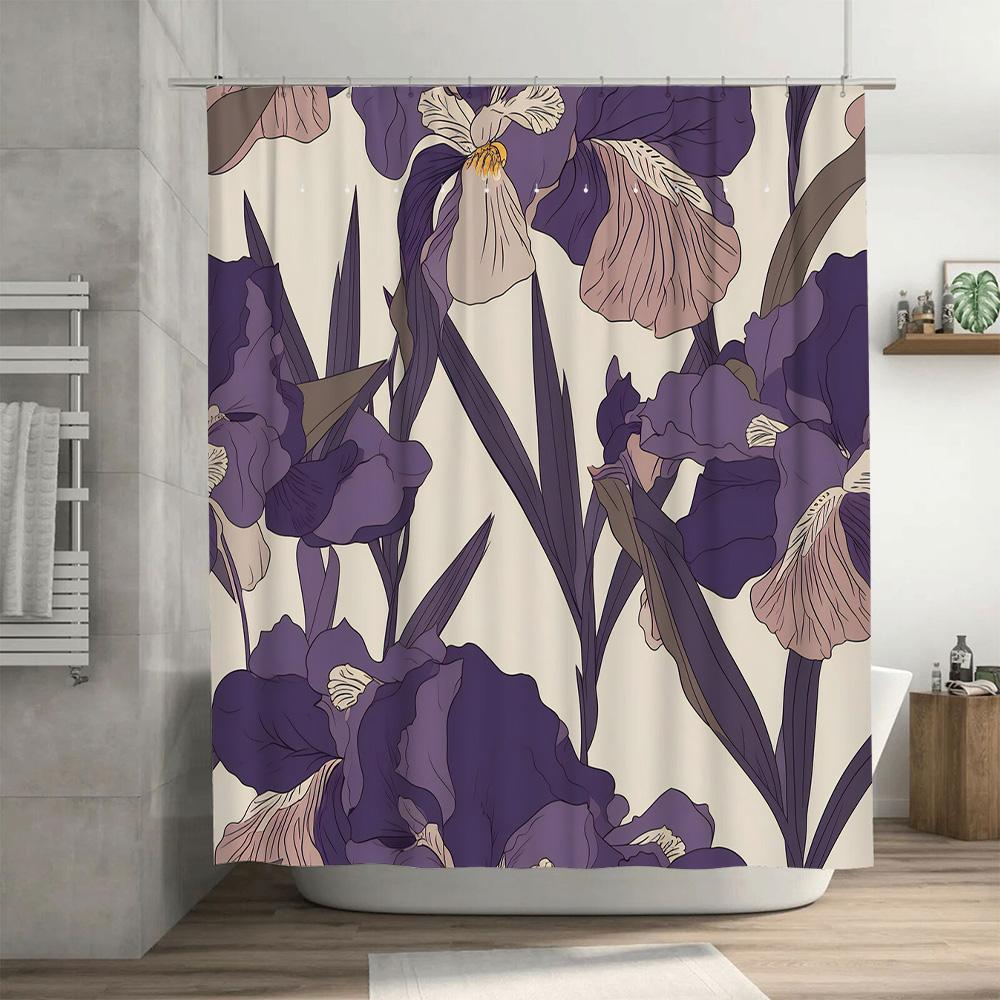 Elegant Floral Print Shower Curtain Waterproof Bathroom Decor Fabric Shower Closures Purple White