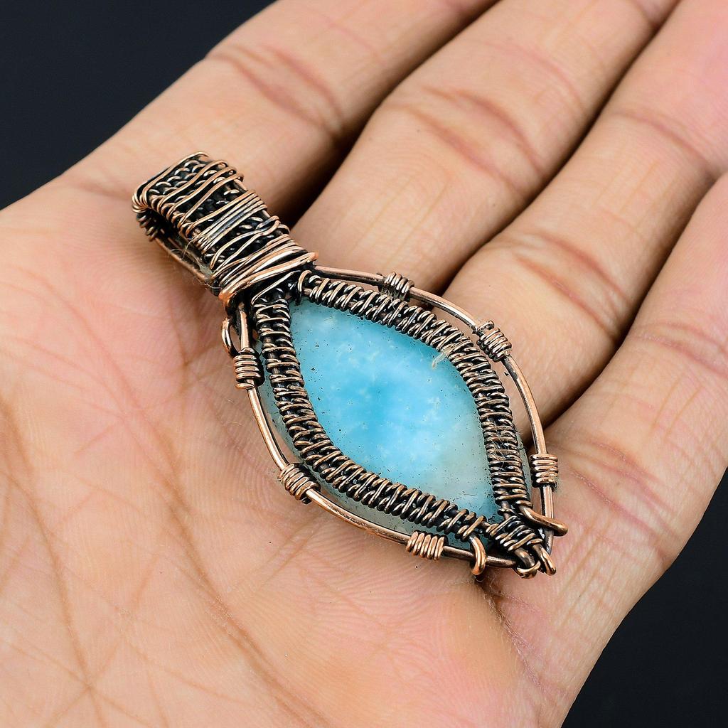 Larimar Pendant Gemstone Jewelry, 999 Copper Wire Wrapped Pendant, Handmade Jewelry Birthstone Pendant, Gift For Him