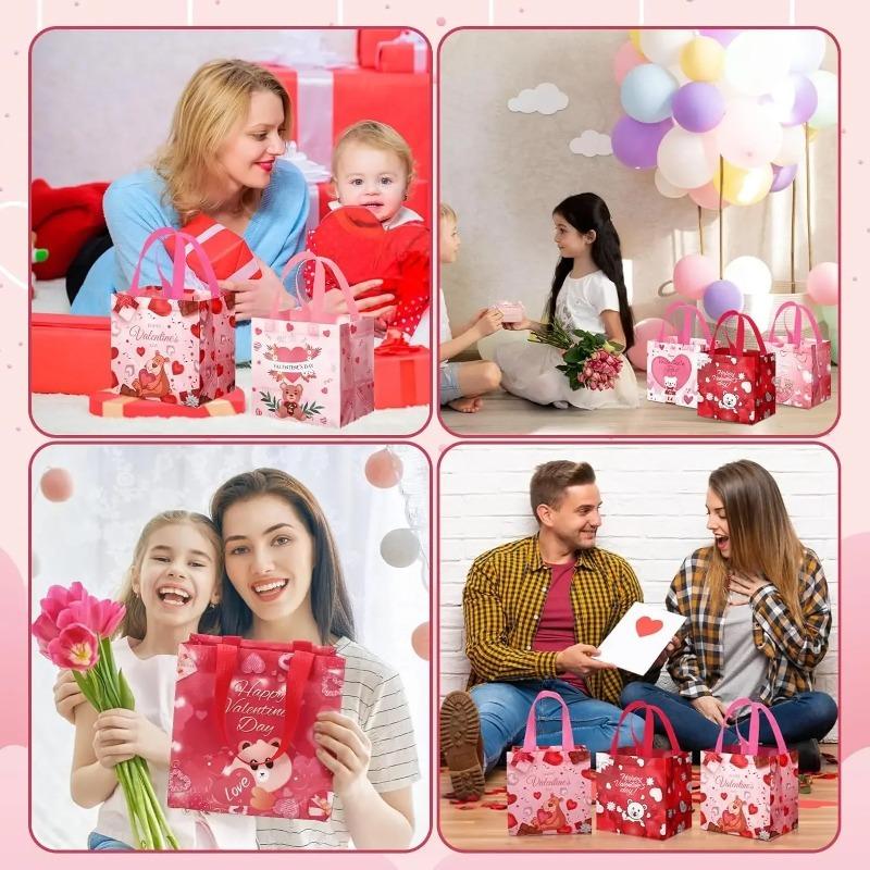 12-24PCS Reusable Valentines Gift Bag Non Woven Fabric Pink Heart  Handle Tote Foldable for Party Wedding Birthday Packaging