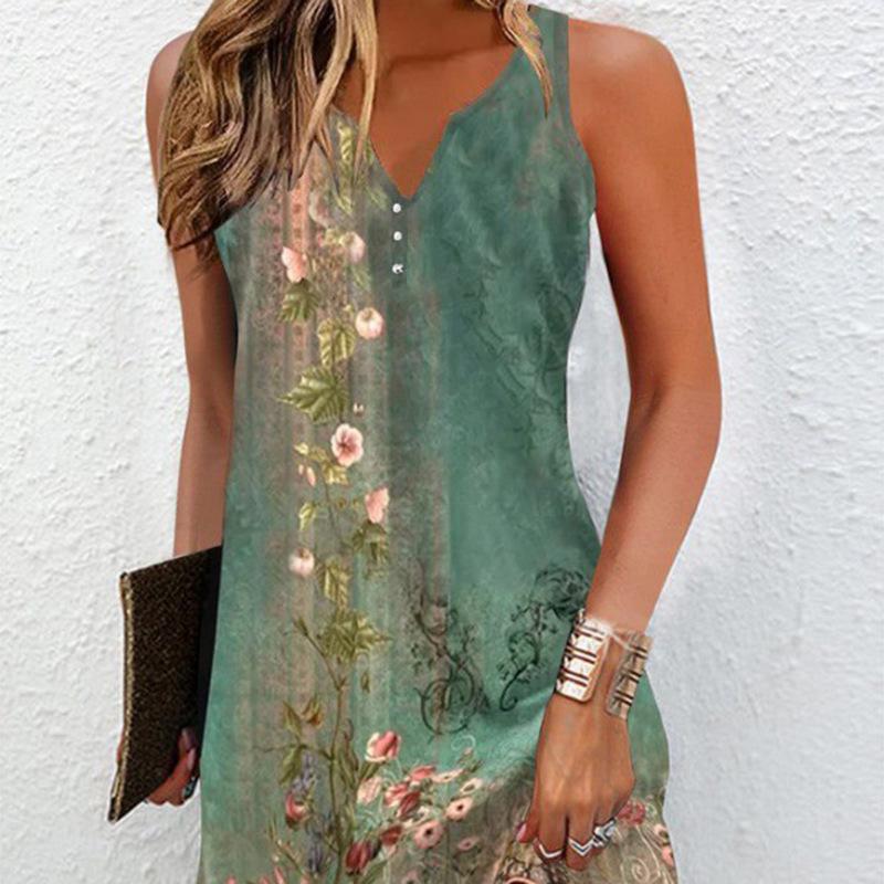 Women s Summer 2025 Slimming V-Neck Sleeveless Print Dress L