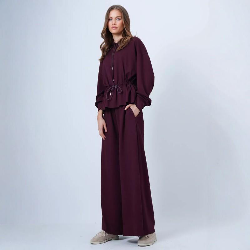 Womens 2026 Fall Casual 2-Piece Set Loose Hoodie Wide-Leg Pants With Drawstring Pure Color Streetwear Outfit