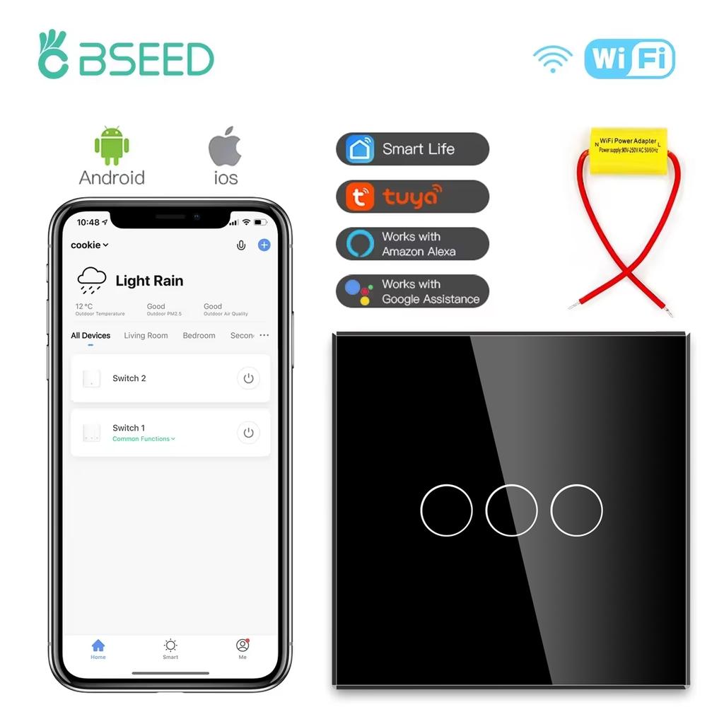 BSEED 1/2/3Gang Wifi Touch Light Switches Tuya Smart Life Alexa App With EU Sockets Power USB Ports Capacitor Included Black