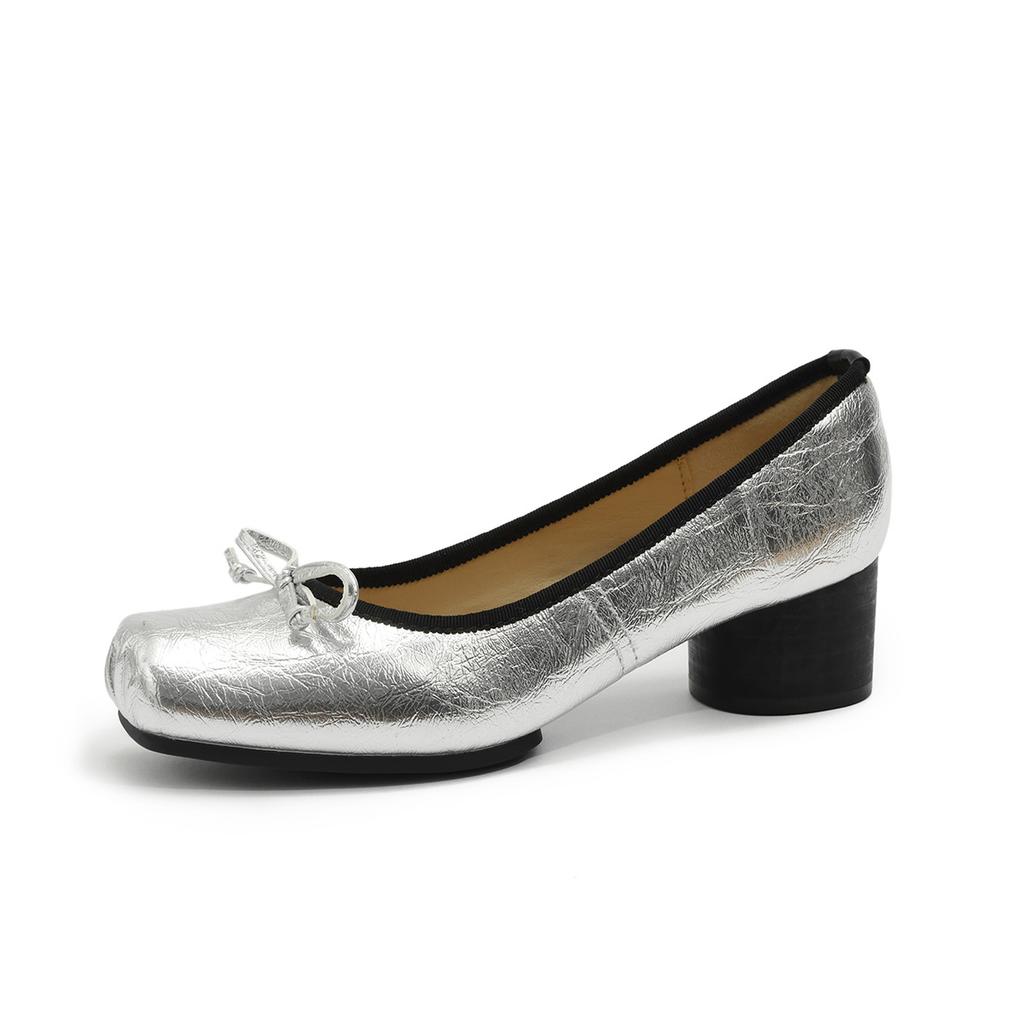 Bow Ballet Single Shoes Leather Mary Jane Shoes Thick Heel High Heels High Sense Shallow Mouth Ballet Shoes