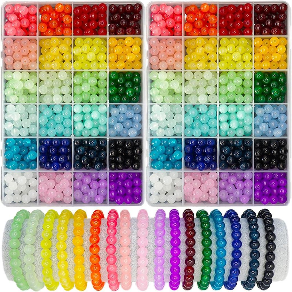 Juego de 1200 Cuentas de Vidrio DIY para Hacer Joyería 24 Colores 8 mm Pulsera de Cuentas de Cristal