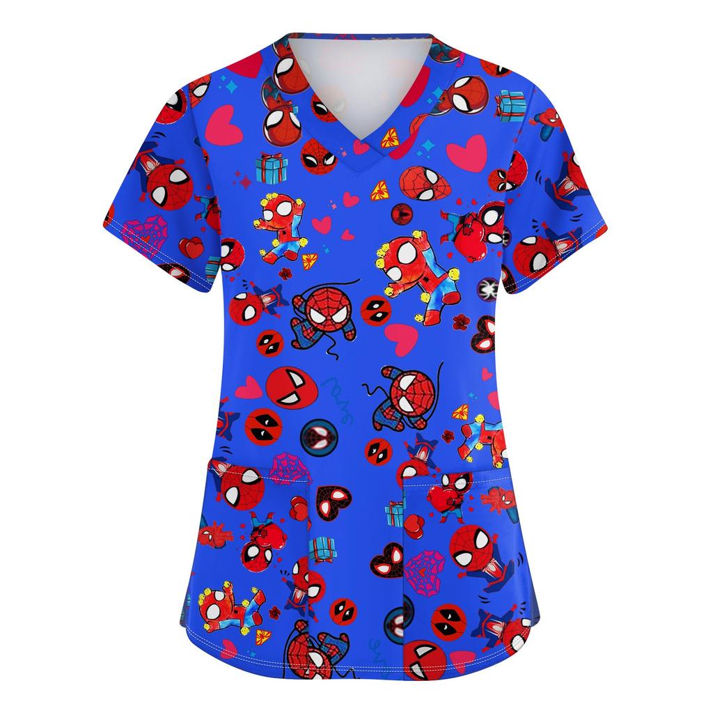 Women's Fashion V-neck Short Sleeve Workwear With Pockets Printed Tops