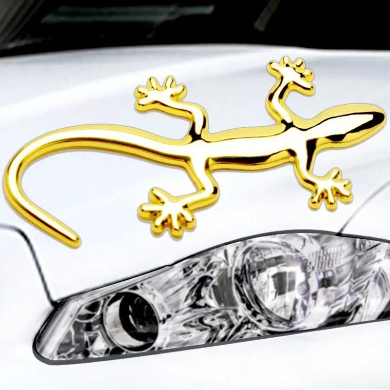 3D Car Gecko Shape Lizard Metal Badge Emblem Sticker Auto Body Panel Bumper Garnish Golden Silver Decal Universal Exterior Parts