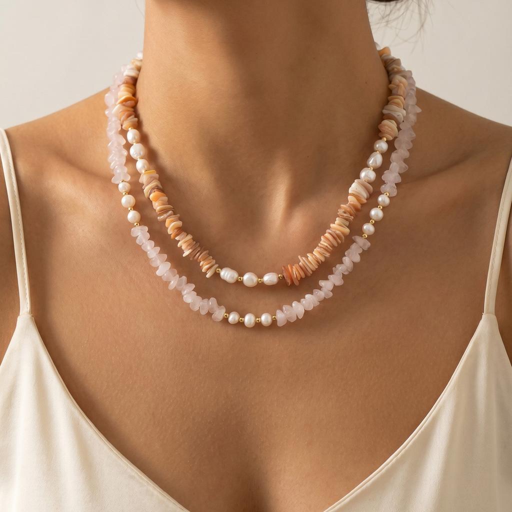 Natural Gemstone Chips Pearl Necklace for Women, Baroque Freshwater Bead Chain, Gold Plated Stainless Steel Jewelry Anti Tarnish