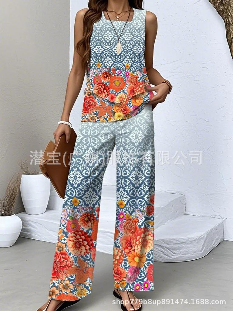 New European and American women's clothing spot explosion sleeveless casual double-layer vest plus pants set two-piece set