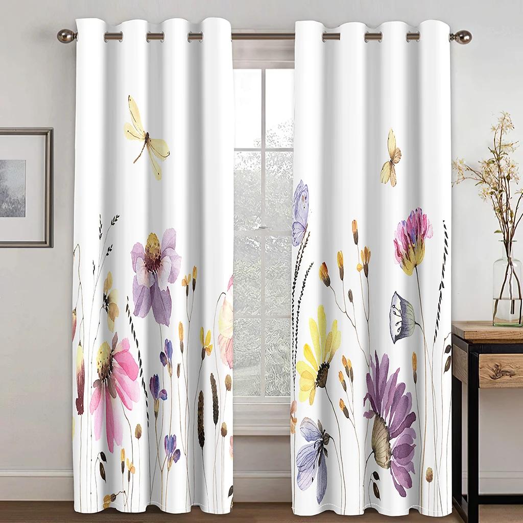 3D Digital Printing Curtain for Kitchen, Short Window Curtains, Floral and Flowers, 2 Panels