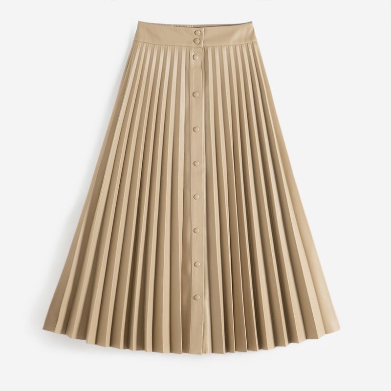 

SW Pleated Skirt Fashionable High Waist Slim Looking Environmental Protection Leather Khaki S((oz S))