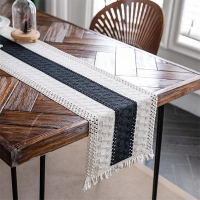 Bohemian Rustic Wedding Decor Cotton Linen Table Runner with Tassels