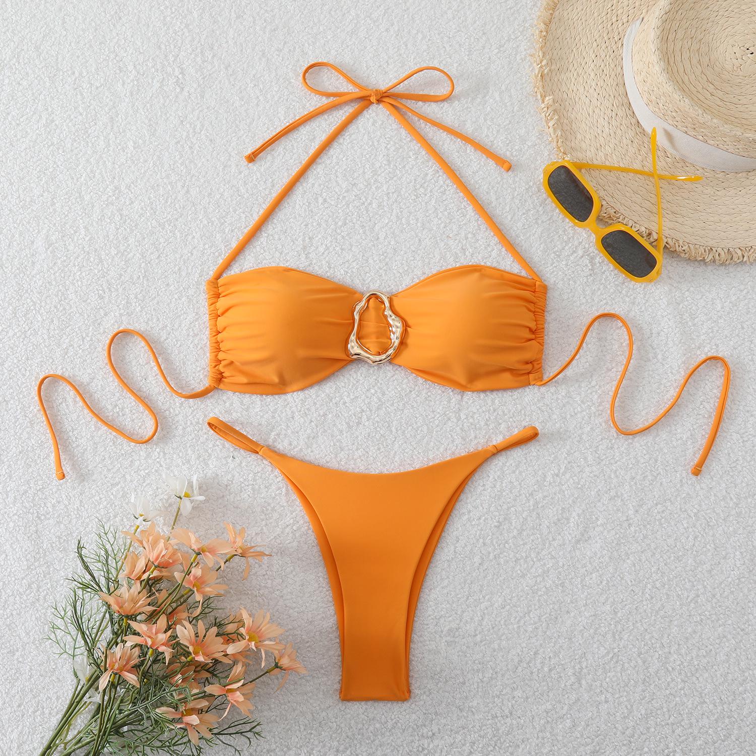 Женский сплошной треугольный бикини-топ на завязках 2026 - Сексуальный трансграничный купальник M оранжевый