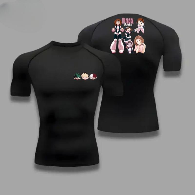 Men Compression Shirt Workout Quick Dry Uraraka Ochako Print Top Breathable Sweat Absorbing Tight Fit T-Shirt Sweat-Resistant