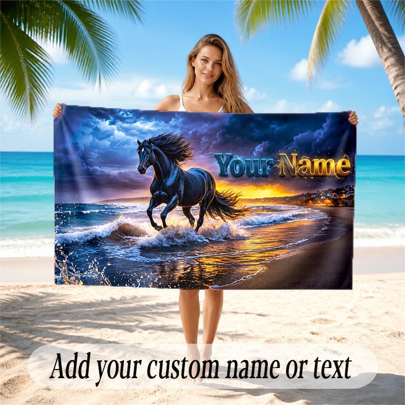 Horse Theme Quick Dry Beach Towel Custom Name Text Print Large Sand Resistant Towel Beach Vacation