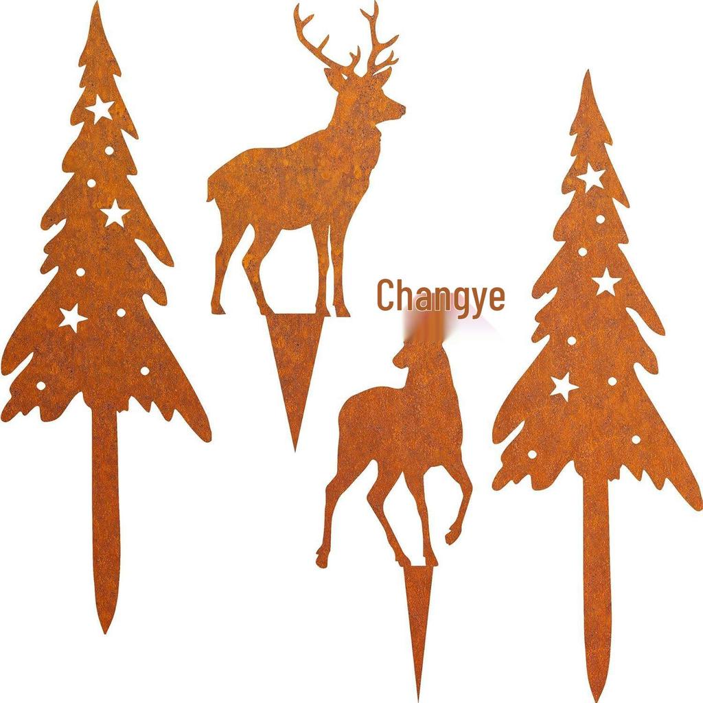 Rustic Tree Deer Silhouette Inserts: Iron Art Christmas Decorations with Star Accents for Courtyard and Garden Display.