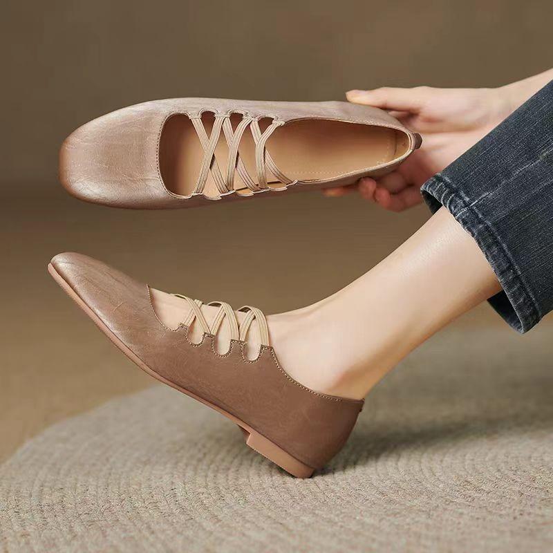 Fashion Retro Cross-Band Mary Jane Shoes Women Soft Soled Flat Shoes Round Head Flat Bottom Ballet Style Women's Slip-On Dance Shoes