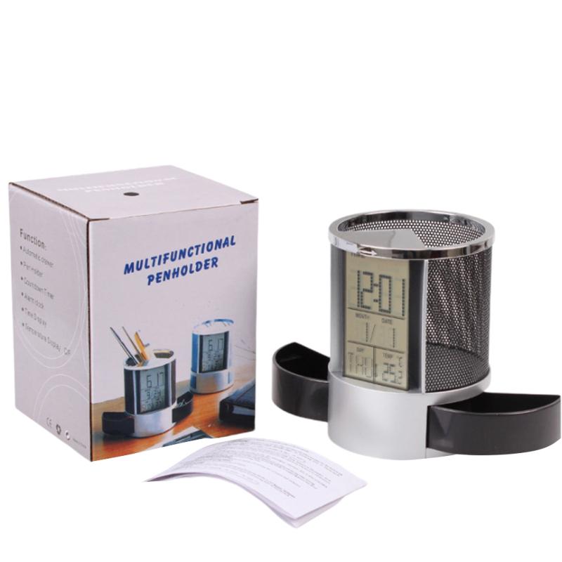 Multifunkční elektronické hodiny věčný kalendář, držák na pero, stolní kancelářský organizér