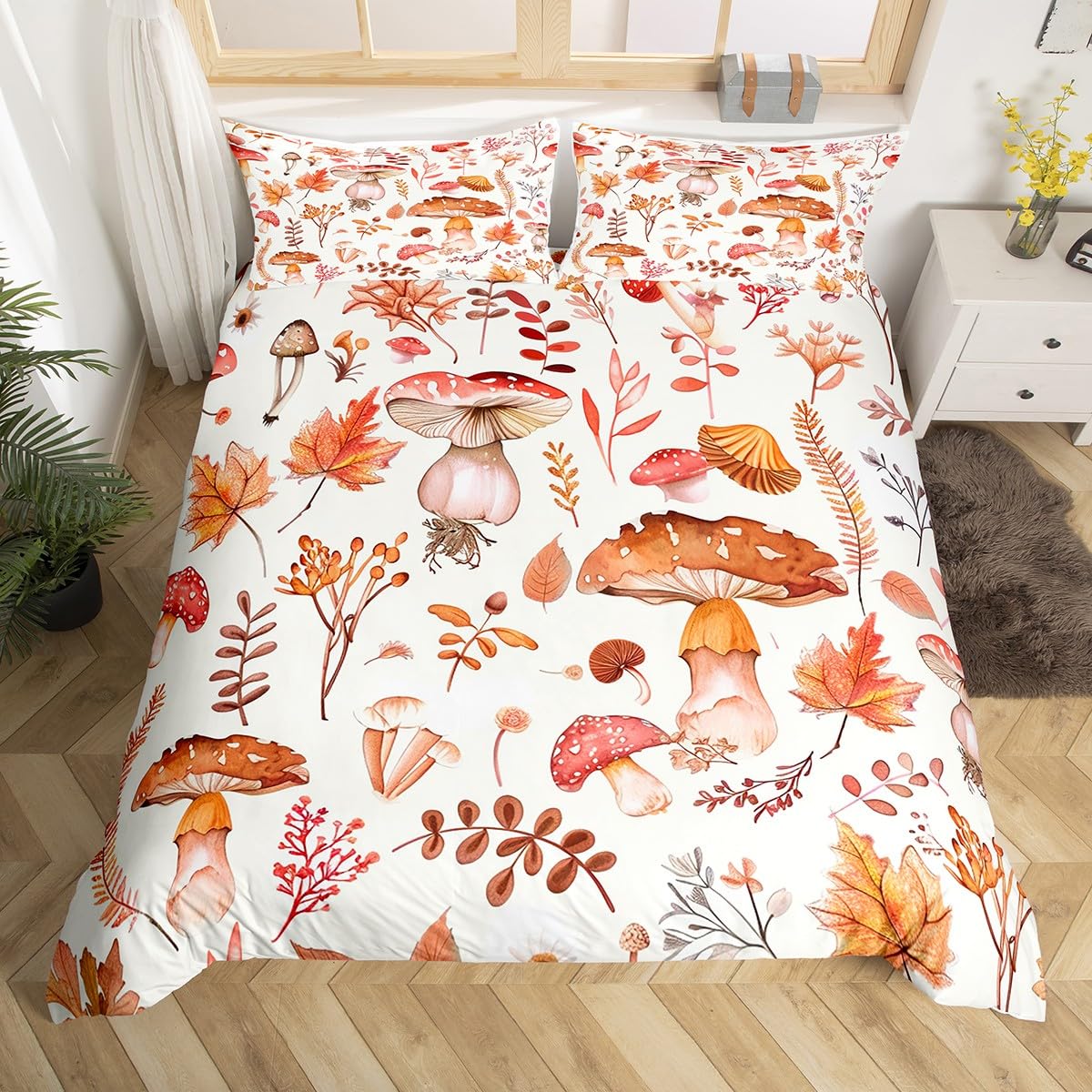 Mooi Paddestoel Slaapbeddengoed Pakket King Size Queen Afmeting Maat Botanische Dekbedovertrek Wilde Paddenstoel Dekbedovertrek Kleurrijke Planten Bladeren Dekbed EU Single(135x200cm)
