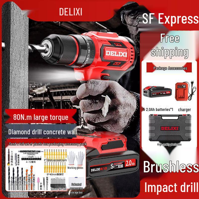 Delixi Brushless Lithium Electric Hand Drill - Pistol Grip for Household Wall Drilling and Impact Holes