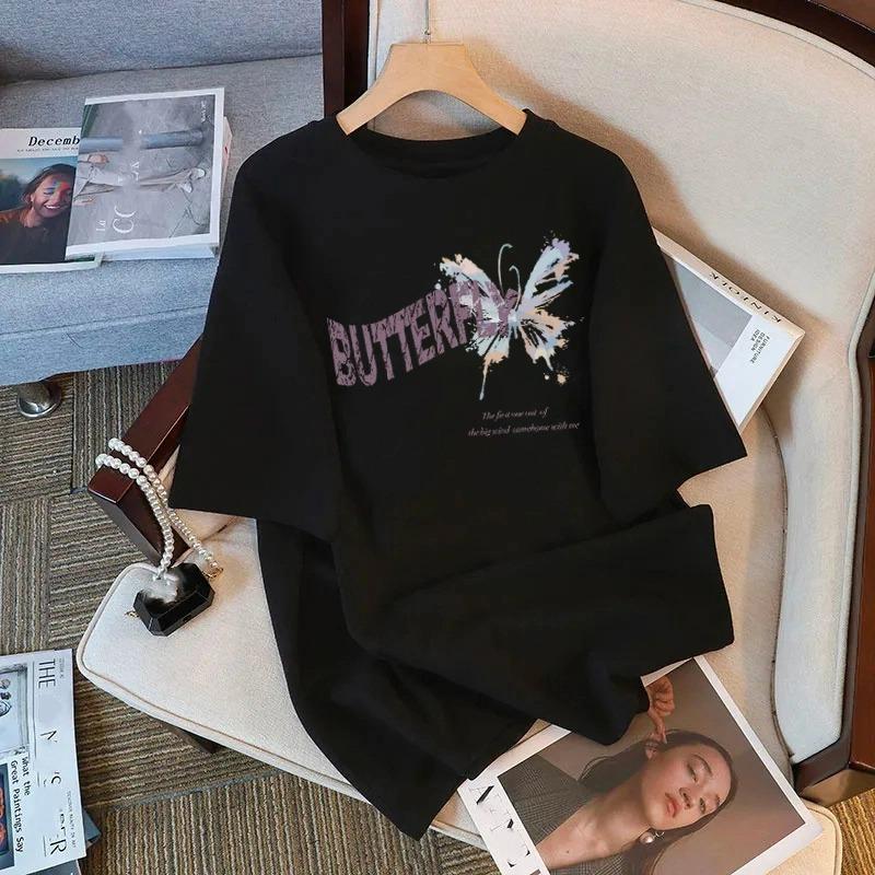 Sommer Kinder Erwachsene Mode Schmetterlingsdruck Kurzarm T-Shirt Outdoor Lässig O-Ausschnitt Übergroß Damen T-Shirts Top Mädchen Kleidung