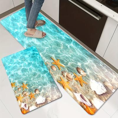 1 Stück Küchenteppich mit Seestern-Druck, weiche Anti-Ermüdungs-Komfortmatte, wasserdichter, rutschfester Bodenmatten-Läuferteppich, Überwurfteppich für Wohnzimmer, Schlafzimmer,
