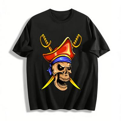 T-shirt Vintage Pirate Crâne Épées Croisées Imprimé Tendance Streetwear Décontracté 100% Coton
