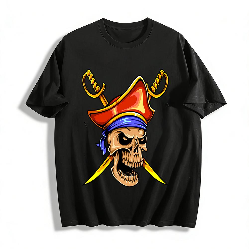 

Vintage Pirate Skull Crossed Swords Print Trendy Casual Streetwear Tee Pure cotton T-shirt 6XL