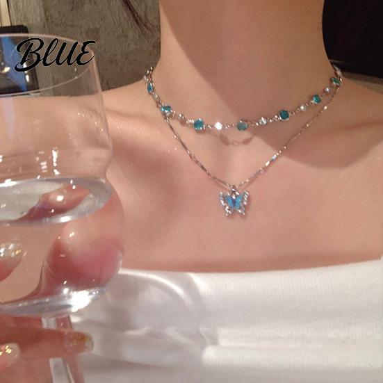Lightweight Butterfly Jewelry Blue Necklace Women Rhinestone Choker Pendant Versatile