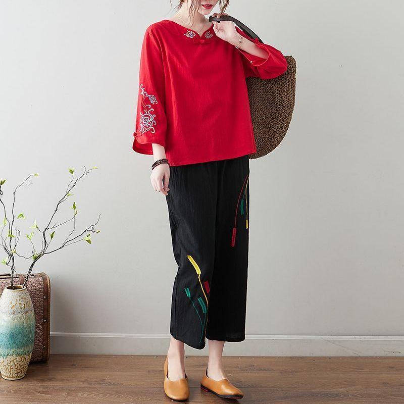 Ethnischer Stil Locker Geschnitten Übergröße Klein T-Shirt für Damen Frühling Western-Stil Frühjahrskleidung Baumwolle Leinen Herbst Dünnes Oberteil Chinesischer Stil