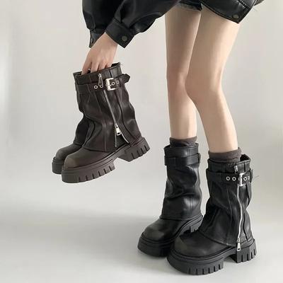 Mode Mode Damenstiefel Winter Gürtelschnalle Damen Elegant Plateau Damenschuhe Langschaft Stiefeletten Lässige Damen Kniehohe Stiefelette