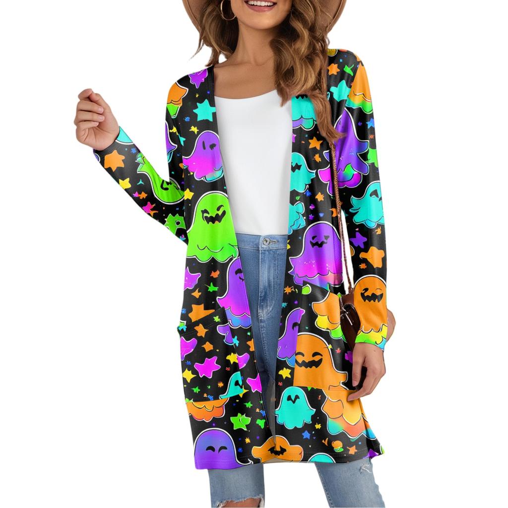Cardigan da Donna Casual Comodo con Stampa di Halloween di Media Lunghezza con Tasche Giacca